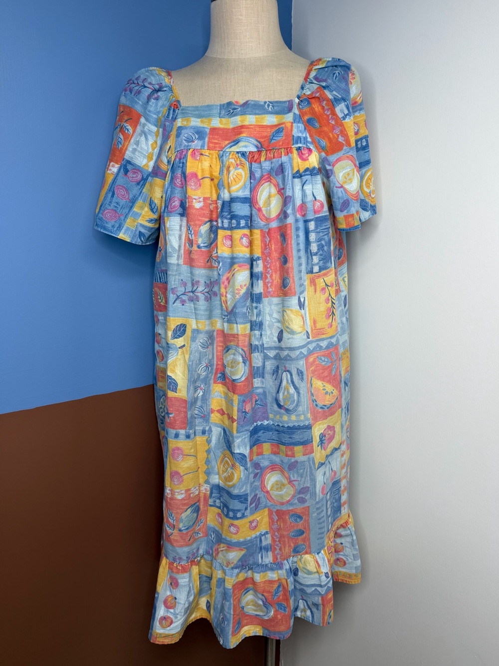 Vintage 90s Haband Abstract Fruit Print Dress MuuMuu Cotton Blend Retro Artsy